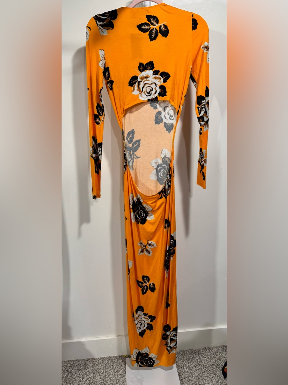 Bold Orange Floral Maxi Dress with Side Cutout and High Slit - Picture 7 of 7